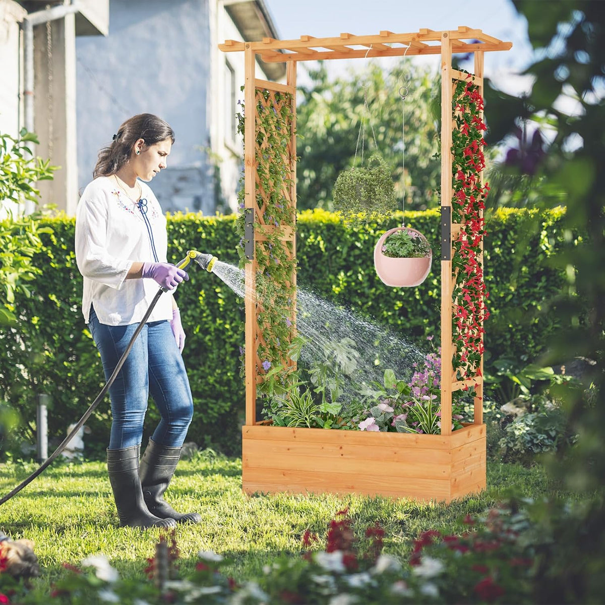 S AFSTAR 72 Inch Raised Garden Bed with Arch Trellis, Hanging Roof & Drainage Holes, 2 Pieces