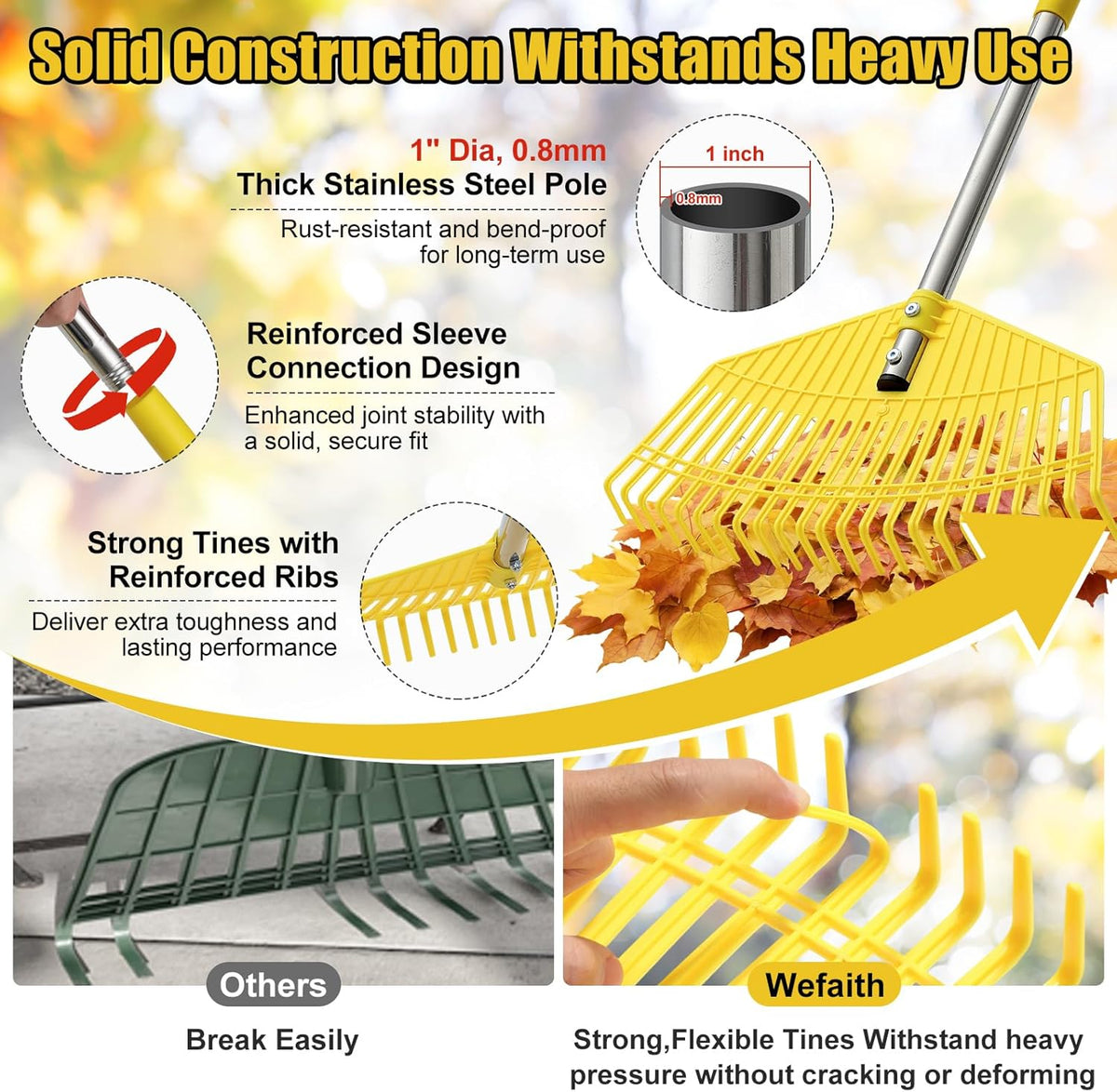 Plastic Leaf Rake for Lawns - Lightweight & Easy Yard Rakes for Leaves, Grass, Pine