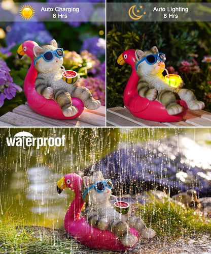 Nacome Cat Lying Flamingo for Garden Statue: Solar Outdoor Decor Figurine for Clearance Outside