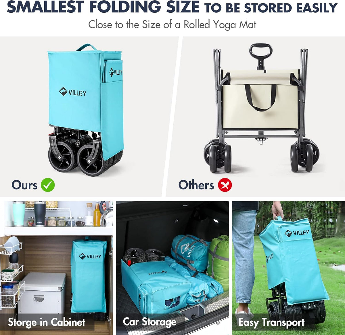 VILLEY Collapsible Folding Wagon with Big Wheels, All Terrain Beach Wagon Cart Heavy Duty Foldable
