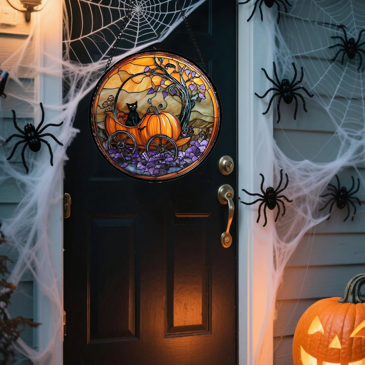 Stained Glass Window Hanging - Halloween Pumpkin Carriage Black Cat Suncatcher for Doors Window