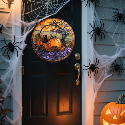 Stained Glass Window Hanging - Halloween Pumpkin Carriage Black Cat Suncatcher for Doors Window