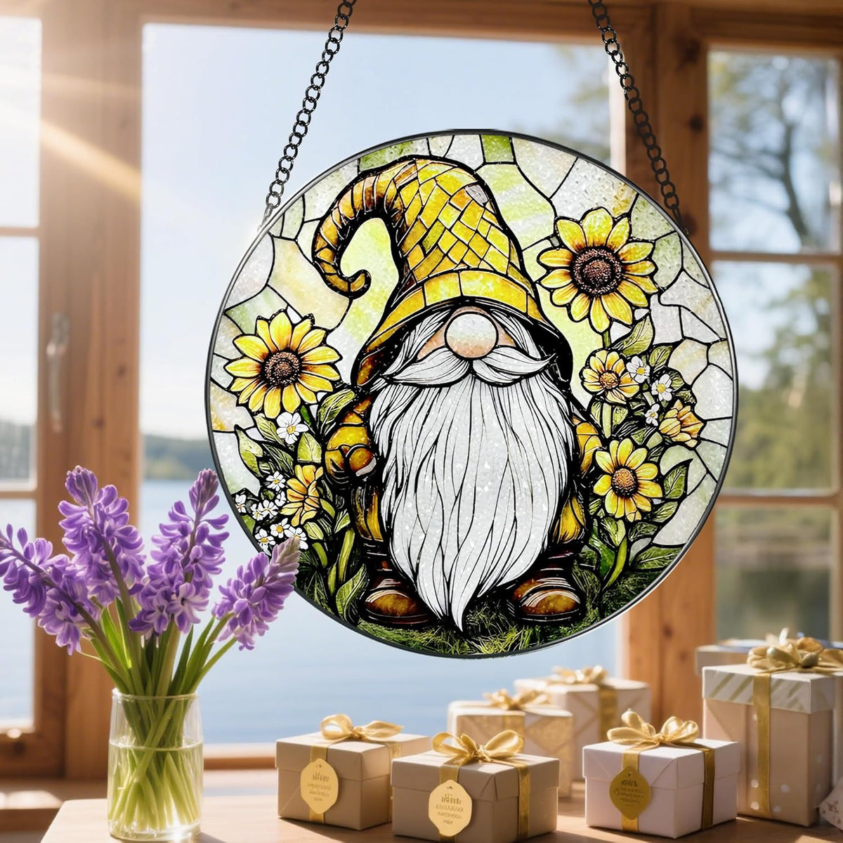 8″ Stained Glass Window Hanging Ornament, Sunflower Gnome Stained Glass Suncatcher Ornament
