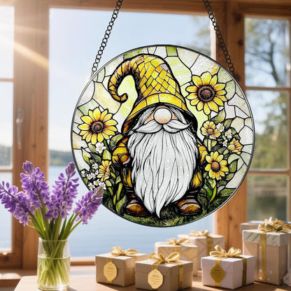 8″ Stained Glass Window Hanging Ornament, Sunflower Gnome Stained Glass Suncatcher Ornament