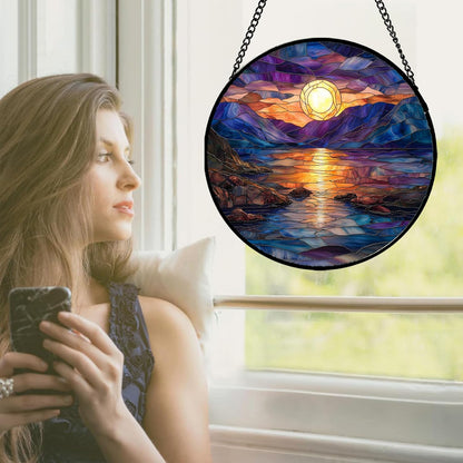 Stained Glass Window Hanging - Blue Purple Lake View Suncatcher for Door Terrace Garden Home Decor