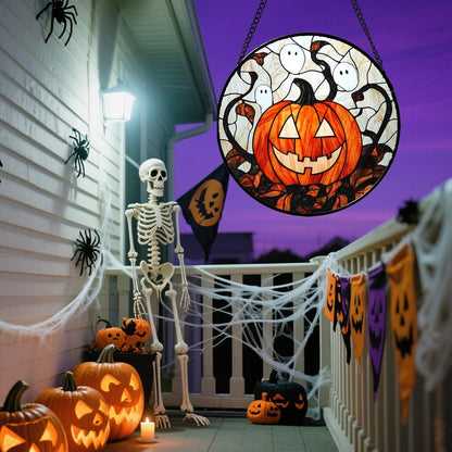 Stained Glass Window Hanging - Halloween Decorations Pumpkin Ghost Suncatcher for Doors Garden