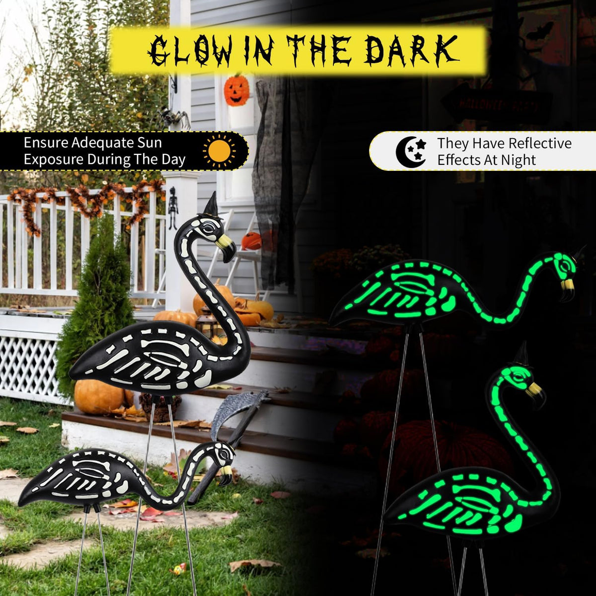 Halloween Black Flamingo Skeleton,Skeleton Flamingo Glow in The Dark, Zombie Flamingos for Spooky