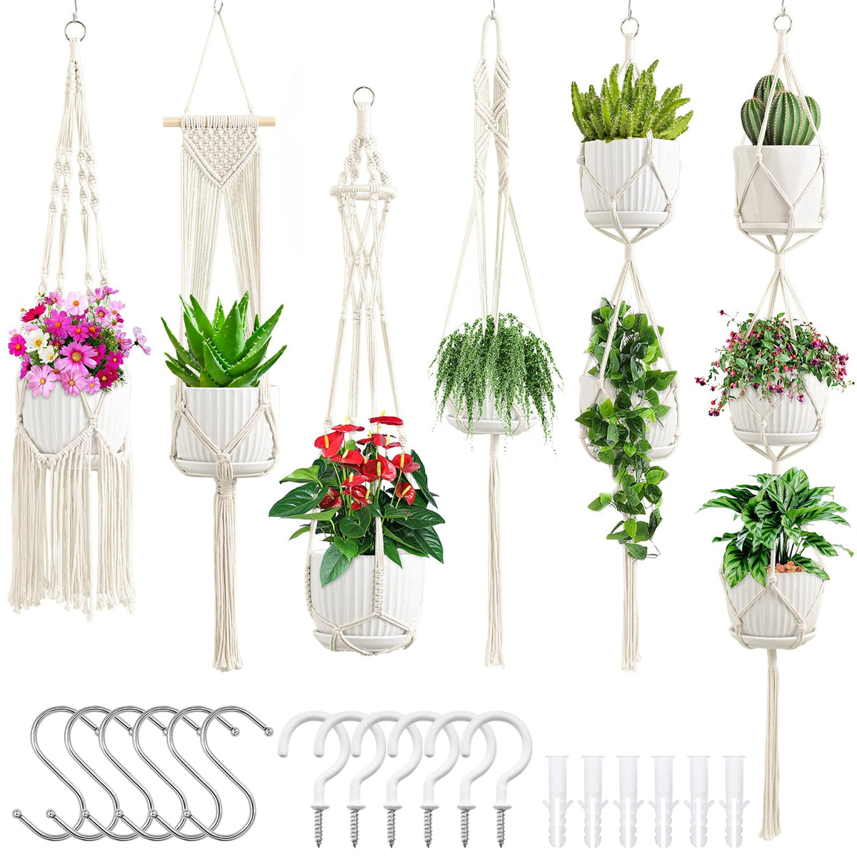SFENNGPET Macrame Plant Hangers, 6Pack Hanging Planters for Indoor Plants