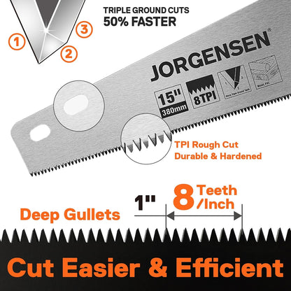JORGENSEN 15 Inch Pro Hand Saw, 8 TPI Fine-Cut Ergonomic Non-Slip Aluminum Ultrasonic Welding