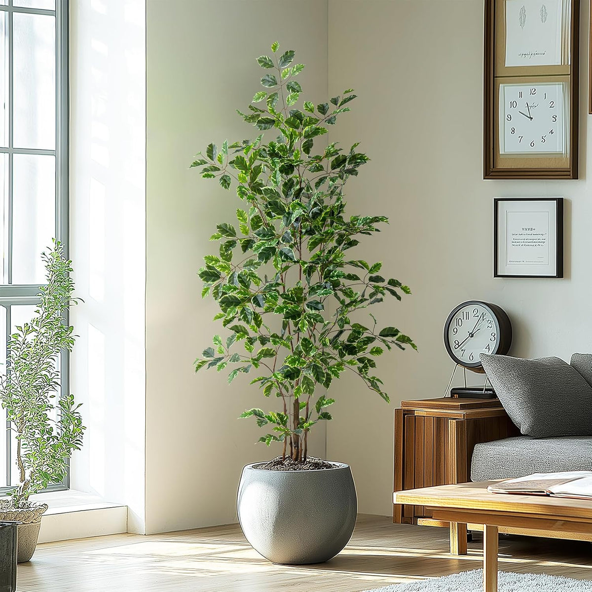 Artificial Ficus Tree Indoor 5ft, Large Potted Faux Tree with Realistic Silk Leaves & Trunk for