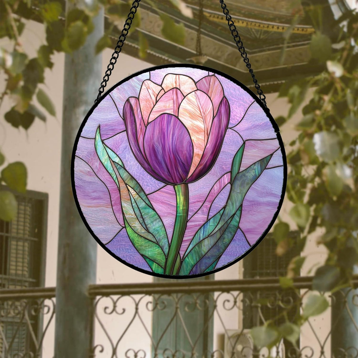 Stained Glass Window Hanging 4 Pcs Set Purple Flower Theme Large 15" - Tulip Suncatcher Door Garden