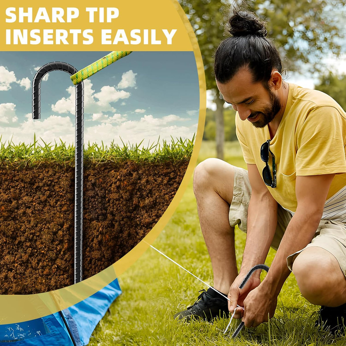 12 Inch Rebar Stakes, 8 Pack J Hook Heavy Duty Ground Stakes for Canopy Tent Trampoline and Chain