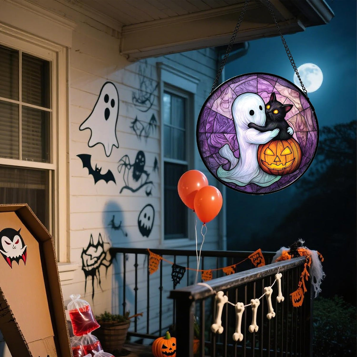Stained Glass Window Hanging - Halloween Decorations Ghost Black Cat Pumpkin Suncatcher for Door