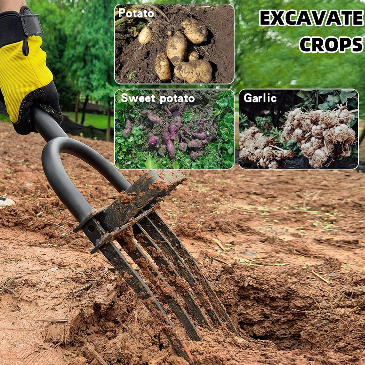 Garden Fork, Pitchforks for Digging Composting Spading, Long Hand Tiller & Cultivator - 5 Tine, 45