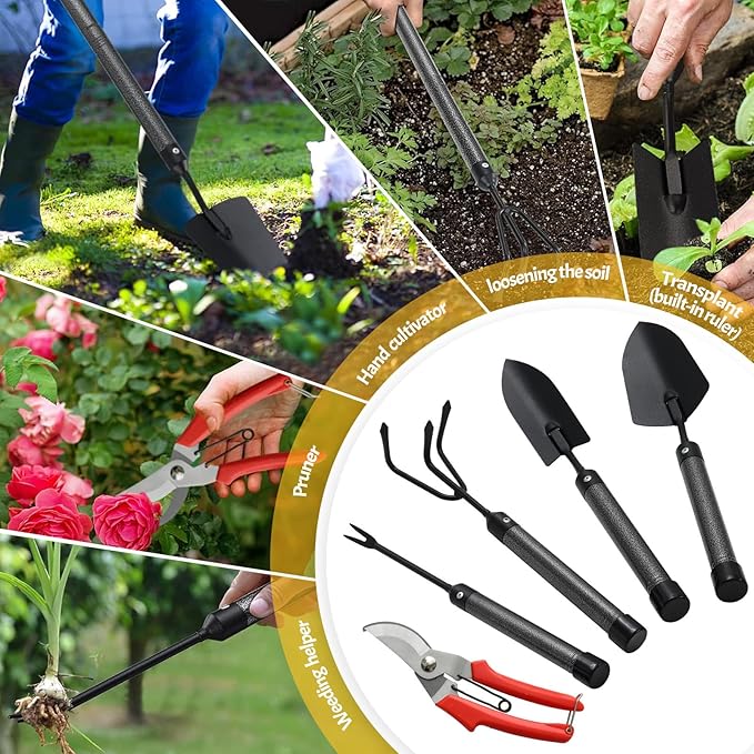 Garden Tool Set with Extended Long Handle, 5 Pieces Stainless Steel Gardening Tool Kit, Gifts for