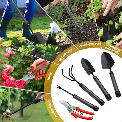 Garden Tool Set with Extended Long Handle, 5 Pieces Stainless Steel Gardening Tool Kit, Gifts for