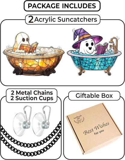 2 Boo Bathtub Acrylic Suncatchers, Gothic Cute Ghost Reading Book Window Hanging Ornaments