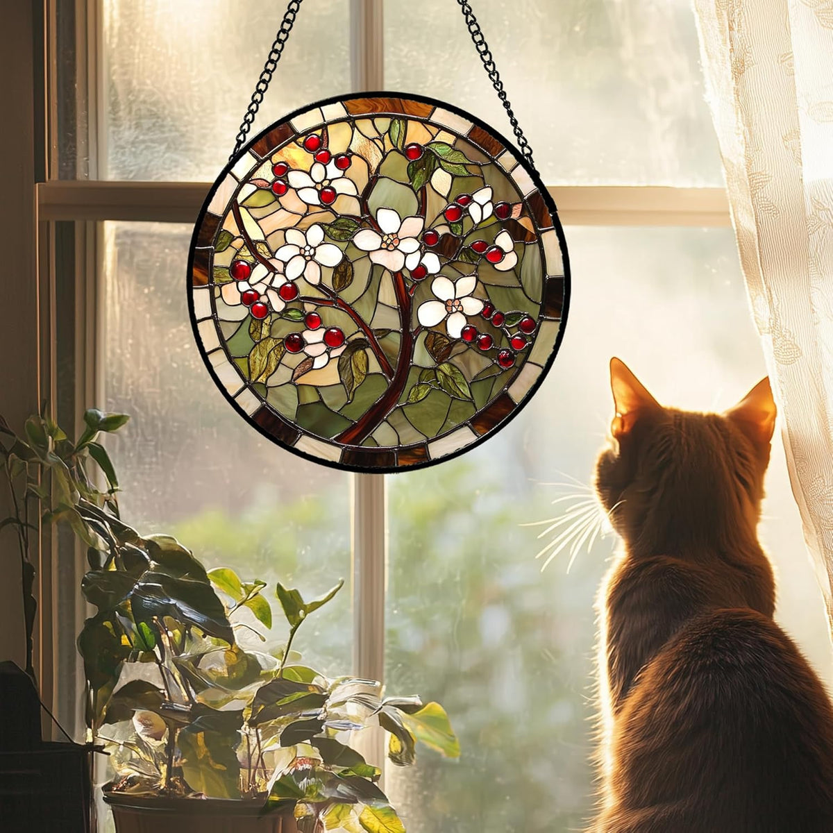 CRIS GIF Stained Glass Window Hanging - Hawthorn Tree Birth Flowers Suncatcher for Doors Garden