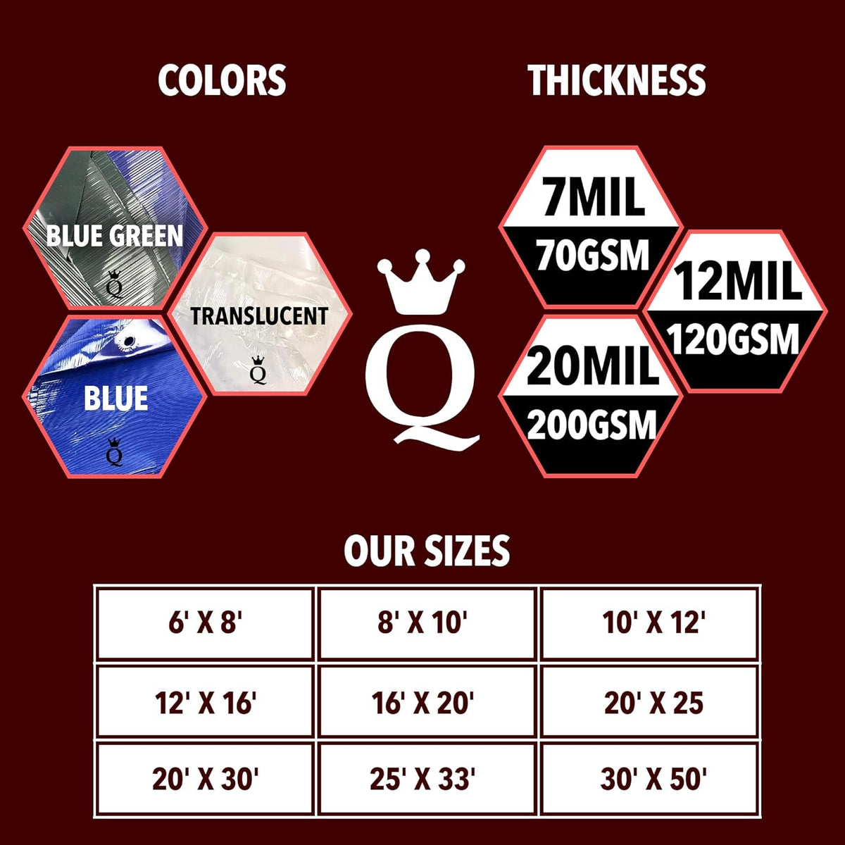 QUEEN OF TARPS | 6x8 Heavy Duty Tarp Waterproof, 120 GSM is 12 MIL, UV/Tear Resistant Tarp