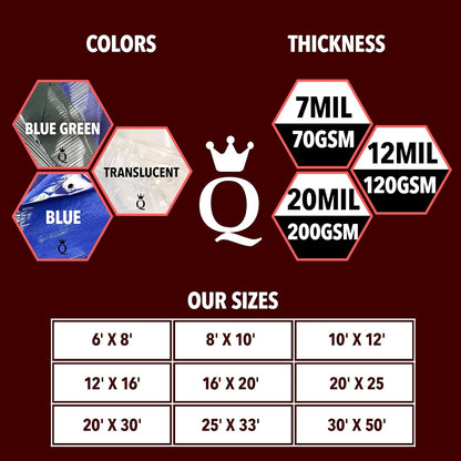 QUEEN OF TARPS | 6x8 Heavy Duty Tarp Waterproof, 120 GSM is 12 MIL, UV/Tear Resistant Tarp