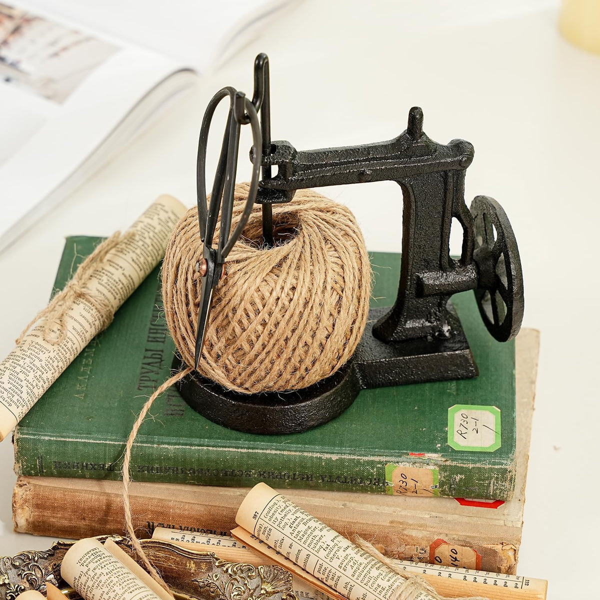 Sungmor Cast Iron Twine Holder and Scissors Set, Vintage Jute Twine Garden String Holder