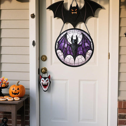 Stained Glass Window Hanging - Halloween Black Bat Purple Wings Monster Suncatcher for Doors Garden