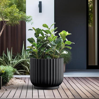 Kante Round Fulted Planter, 16.7 Inch Dia Large Concrete Plant Pots with Drainage Hole and Rubber