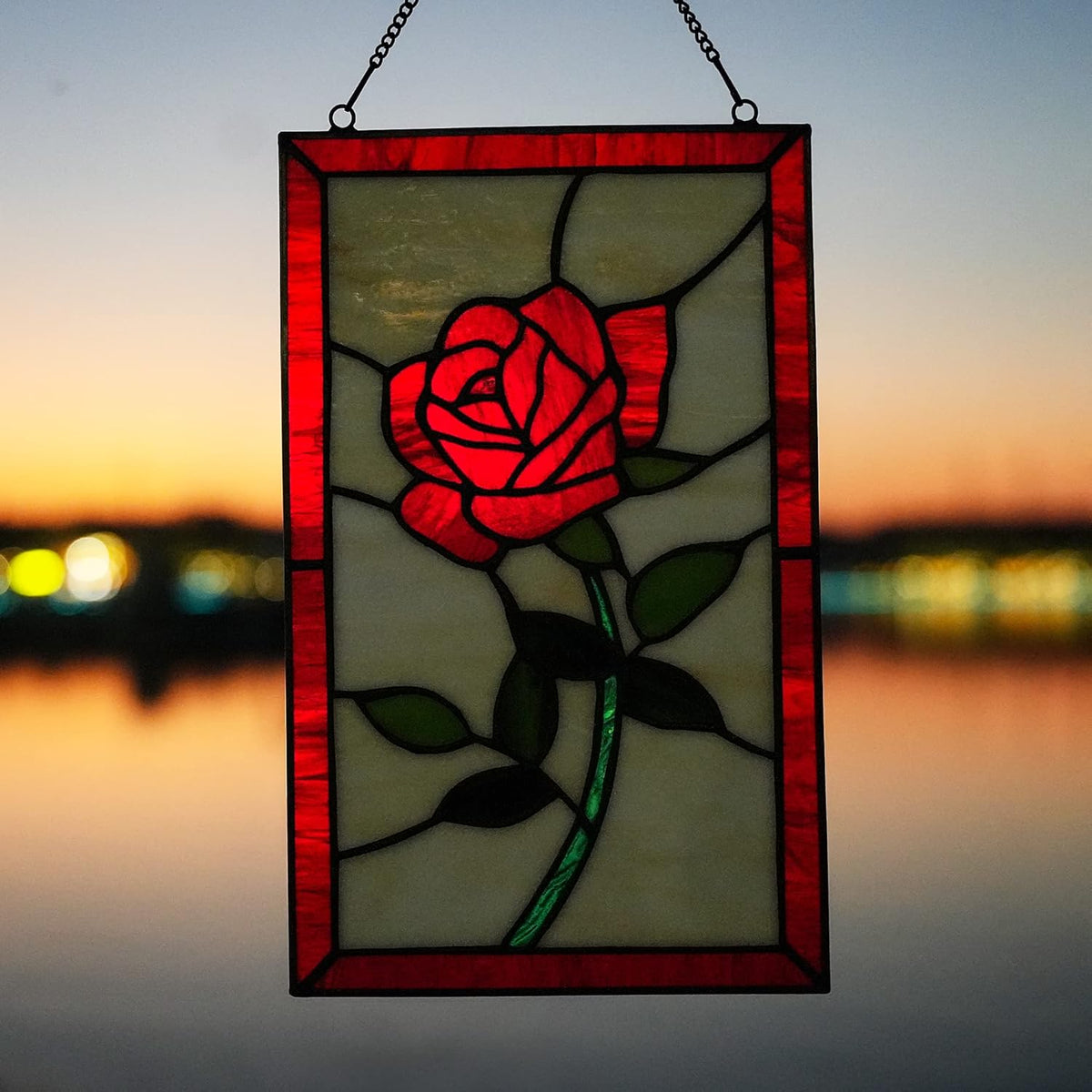 Red Rose Flower Stained Glass Window Hanging,Valentines Day Rose Gifts for Wife Girlfriend,Birthday