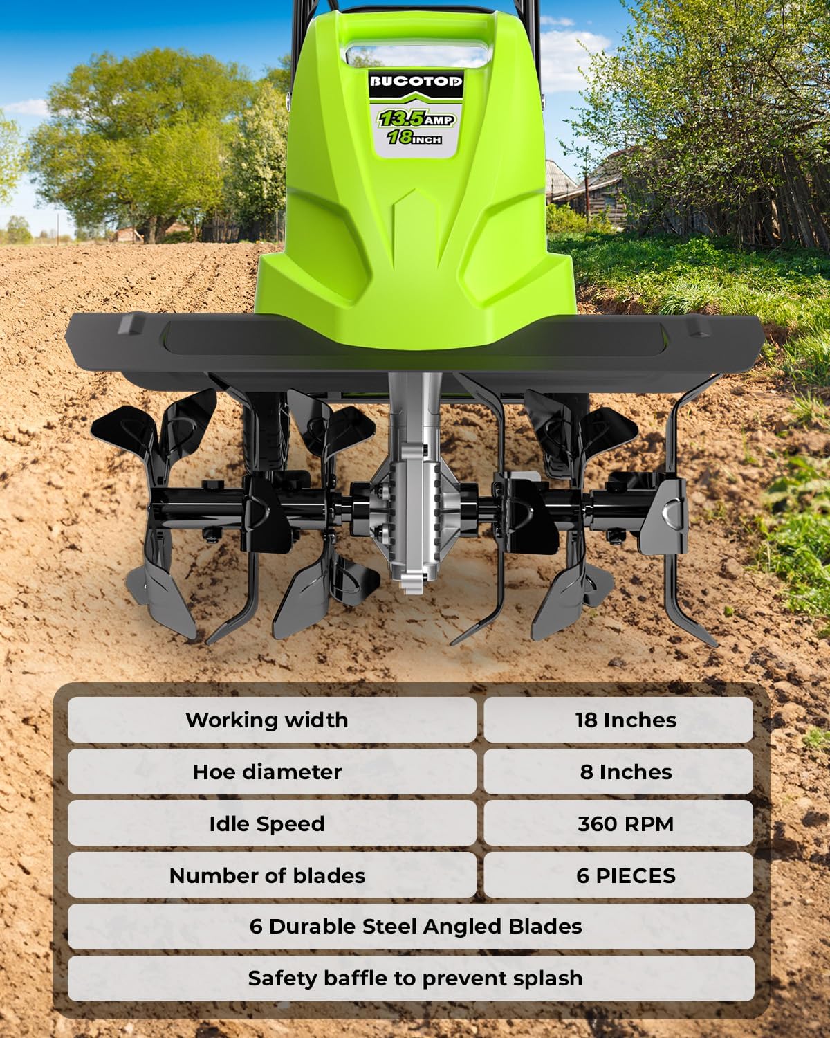 18-Inch 13.5 Amp Tiller/Cultivator with 6 Steel Tines, 3-Adjustable Wheels, Foldable Handle, 8''