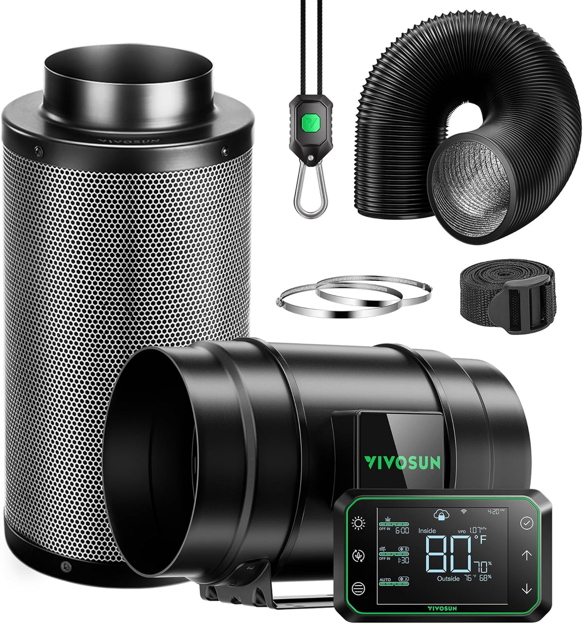VIVOSUN Smart Air Filtration PRO G8 Kit 8", AeroZesh G8 Inline Duct Fan w/GrowHub E42A Temp.