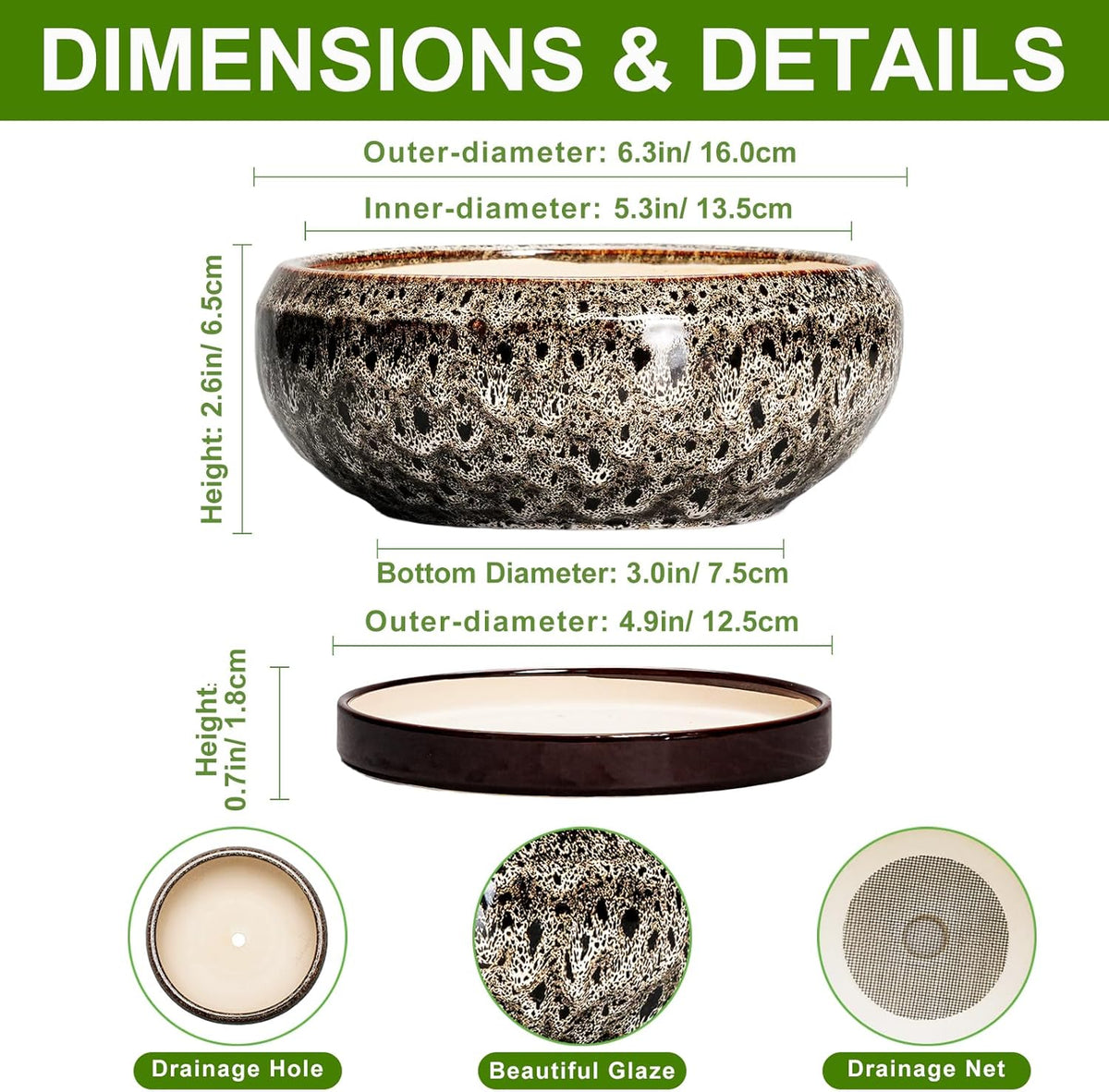 Succulent Planter 6 Inch - Ceramic Bonsai Pots with Drainage Hole and Tray, Shallow Plant Pot