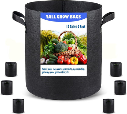 10 US Gallon 6 Pack Tall Grow Bags for Vegetables, Heavy Duty Nonwoven Aeration Fabric Deep Grow