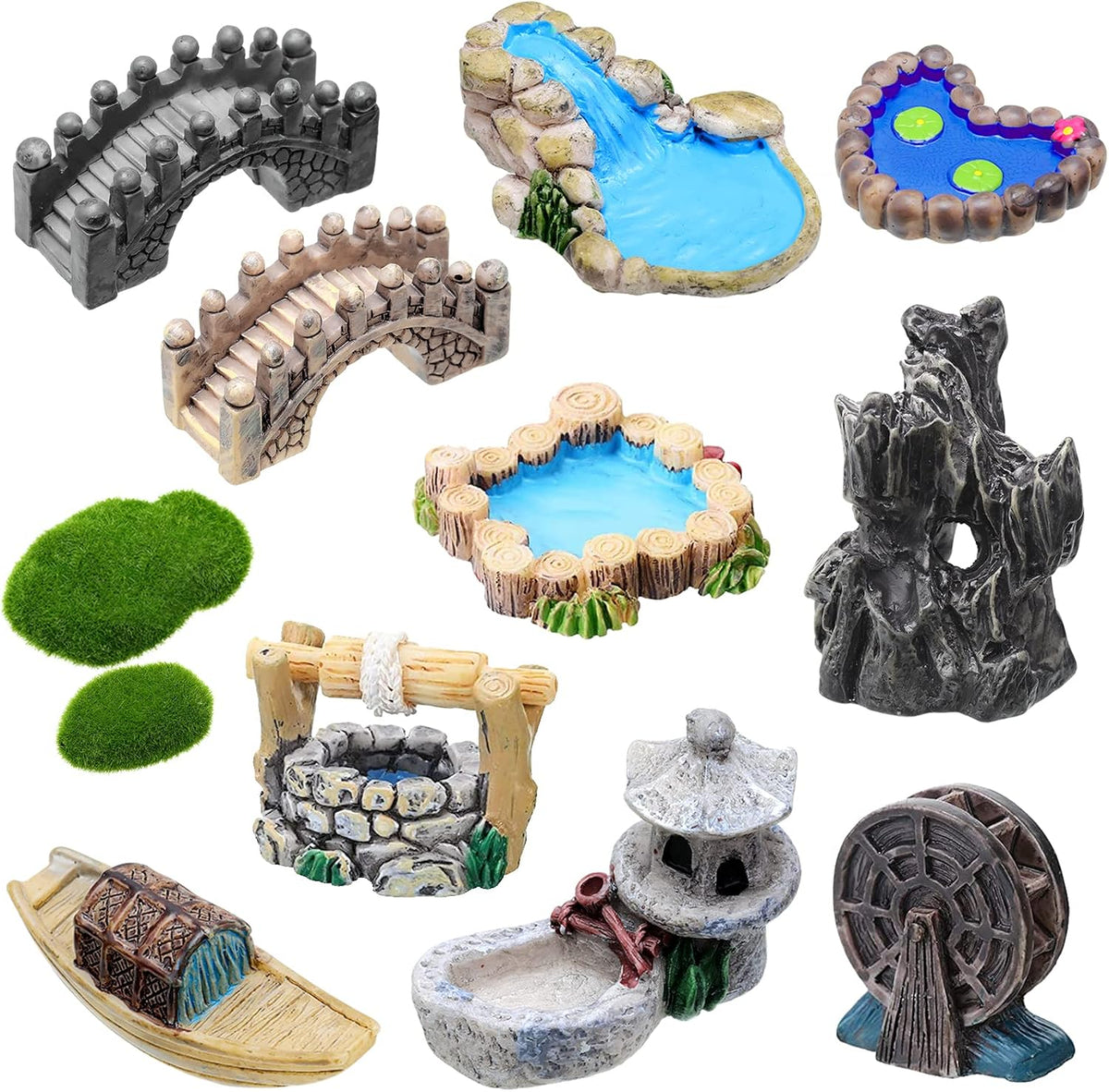 Jetec 12 Pcs Garden Accessories Miniature Bridge Mini Lighthouse Water Well Bridge Figurines Pond