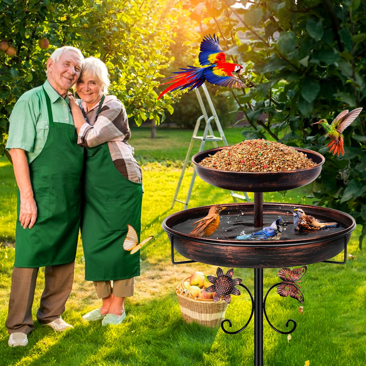Daoeny Bird Bath for Outside, 42In Vintage Freestanding Birdbaths for Outdoors, Double Metal Bird