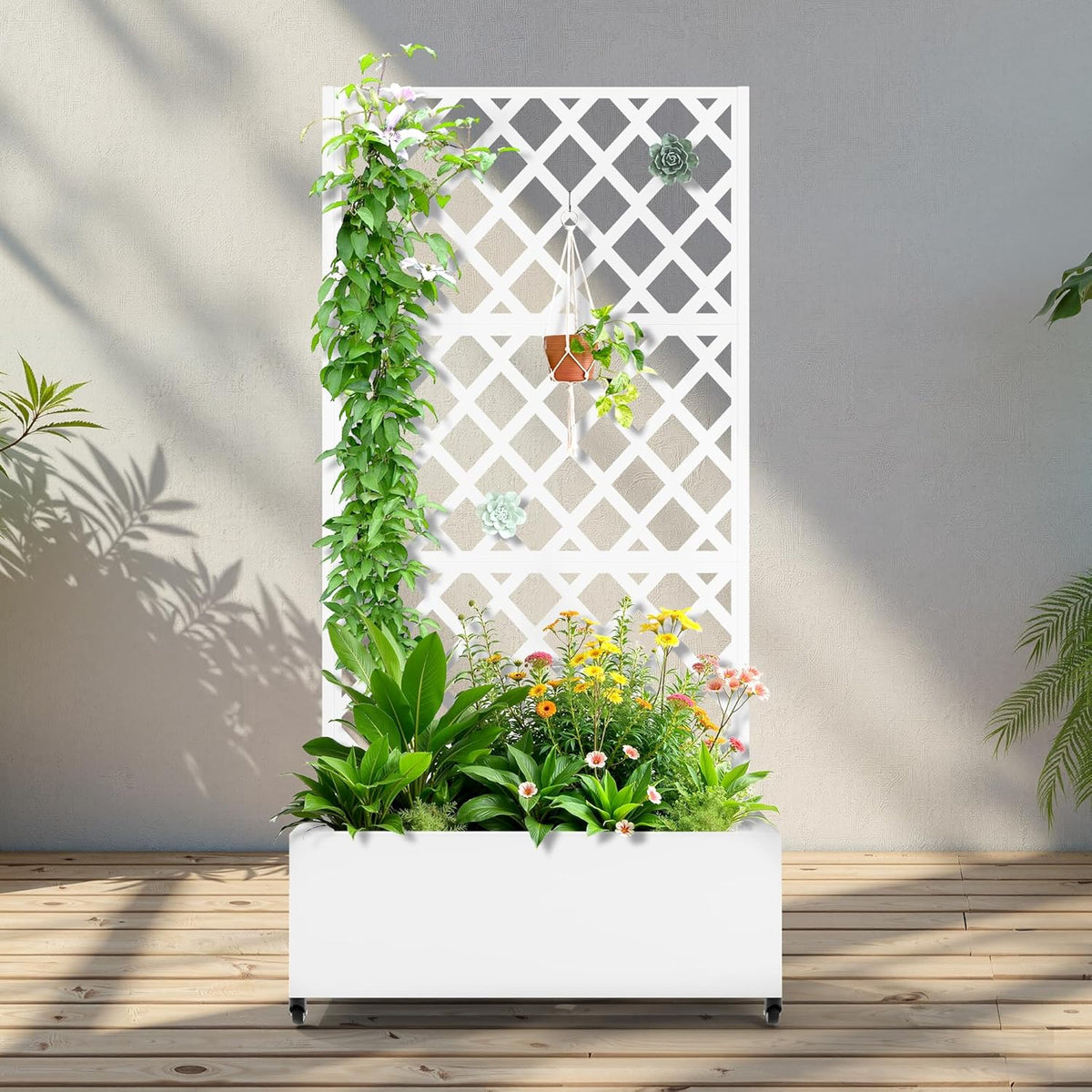 Metal Raised Garden Bed with Trellis and Wheels, 2 in 1 Trellis with Planter Box & Privacy Screen