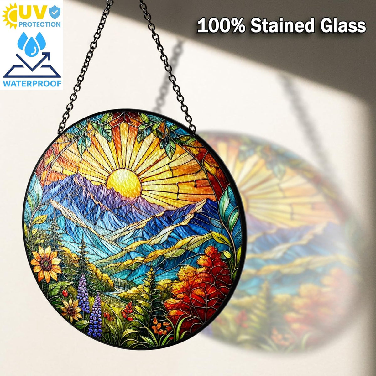 7.8" Sun Mountains Stained Glass, Suncatcher for Window Hanging, Suncatcher Art Decor for Home