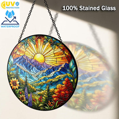 7.8" Sun Mountains Stained Glass, Suncatcher for Window Hanging, Suncatcher Art Decor for Home