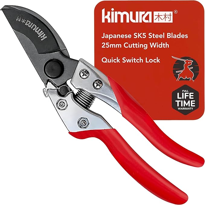 Kimura® 8" Pro Bypass Pruning Shears, Heavy Duty Japanese SK5 Steel Blades, 1 inch Cut Capacity