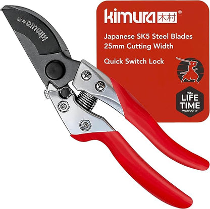 Kimura® 8" Pro Bypass Pruning Shears, Heavy Duty Japanese SK5 Steel Blades, 1 inch Cut Capacity