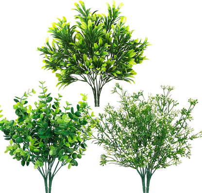 Ouddy Decor 6 Bundles Artificial Greenery Stems Mixed Fake Plants Eucalyptus Stems Babys Breath