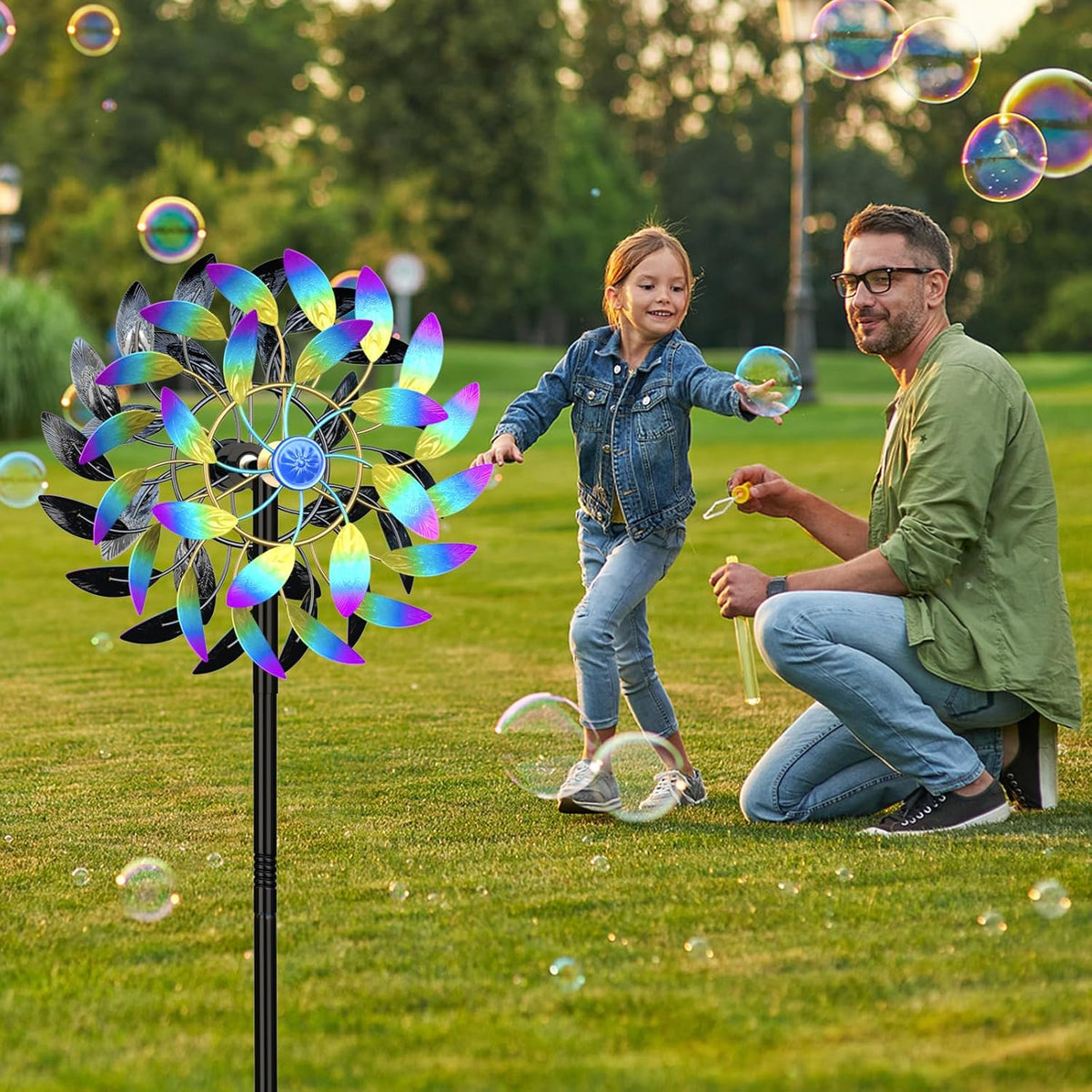 Metal Outdoor Wind Spinner, 2-Way Wind Sculpture Spinner with Metal Stake, Waterproof 360 Degrees