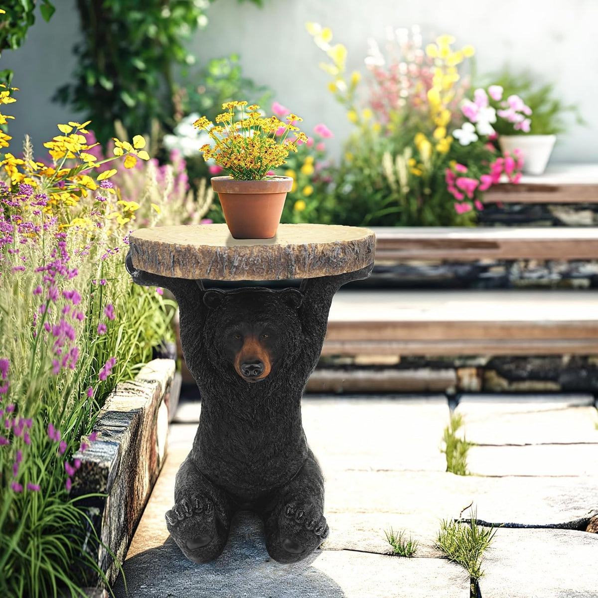 American Black Bear Side Table Pedestal End Table Stool Resin Bear Statue Hand Painted Sculpture