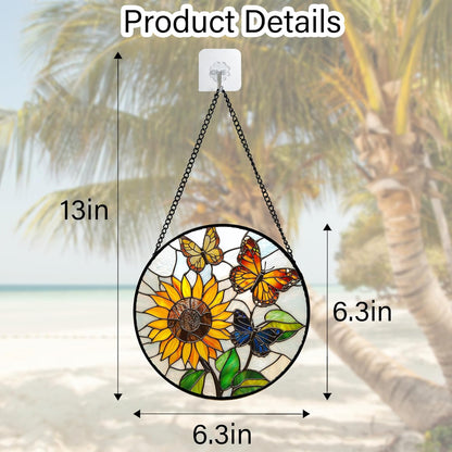 Stained Glass Window Hanging, Butterfly and Sunflowers Sun Catchers Glass Panel Plant Insects