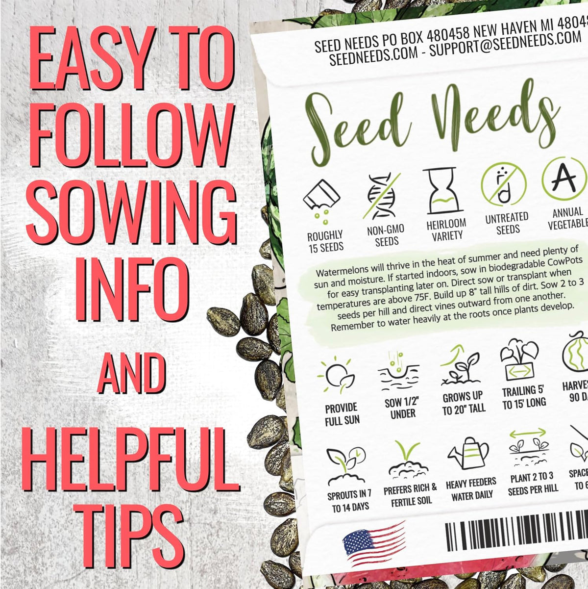 Seed Needs Watermelon Seeds for Planting Fruits - Non-GMO Heirloom & Untreated Water Melon Seed to