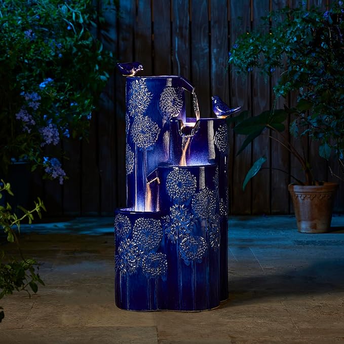 Glitzhome 32" H Outdoor Water Fountain with LED Lights and Pump, 4 Tier Ceramic Cobalt Blue