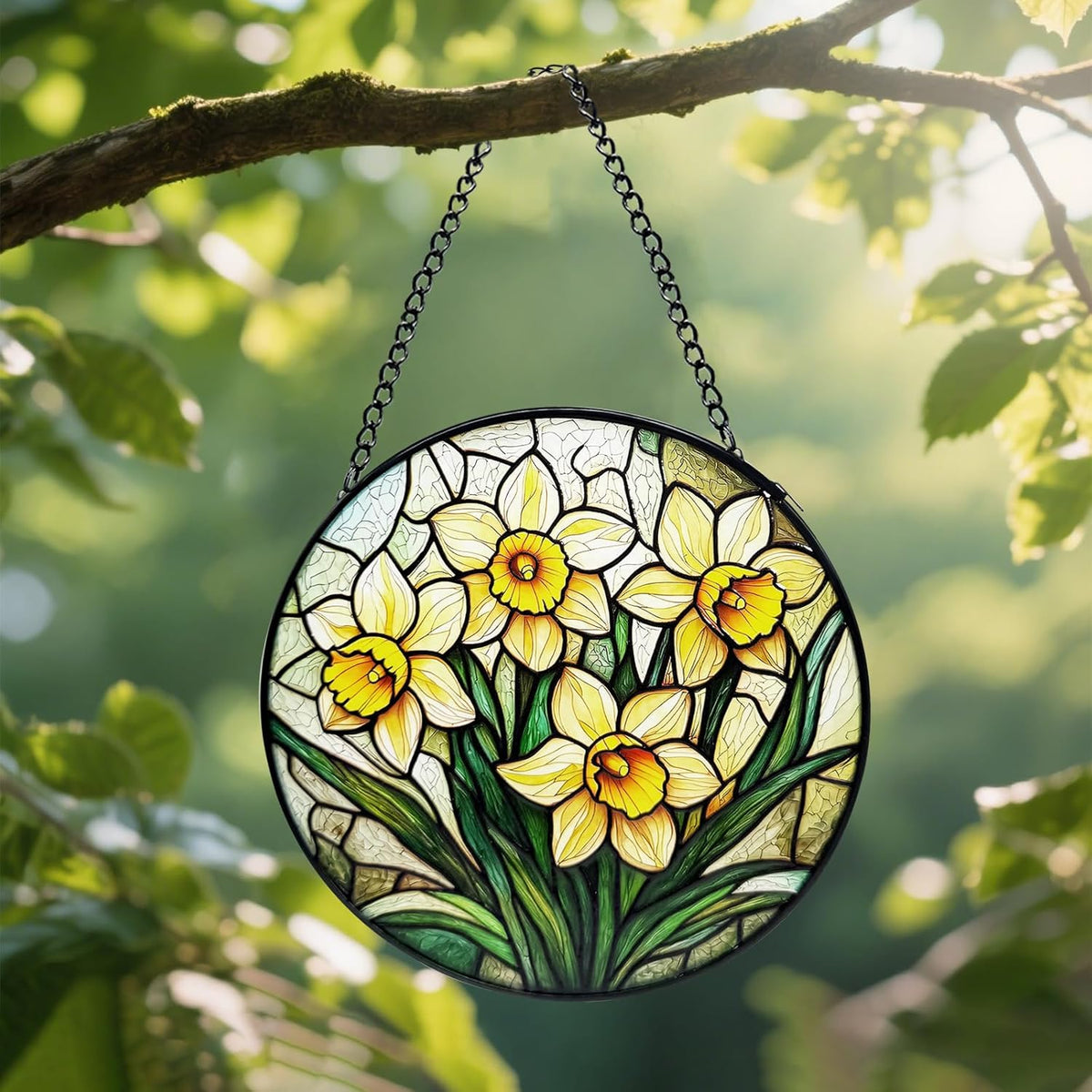 Stained Glass Window Hanging, Daffodil Flower Diamond Glass Panel Suncatcher Plant Sun Catchers for