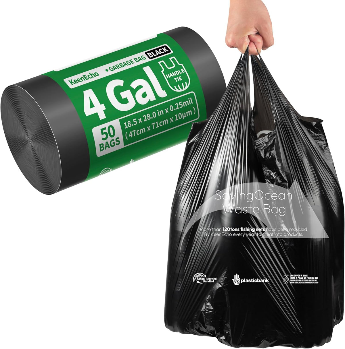 Small Trash Bags with Handles 4 Gallon 50 Count Black - Ocean Plastic Upcycling - Plastic Garbage