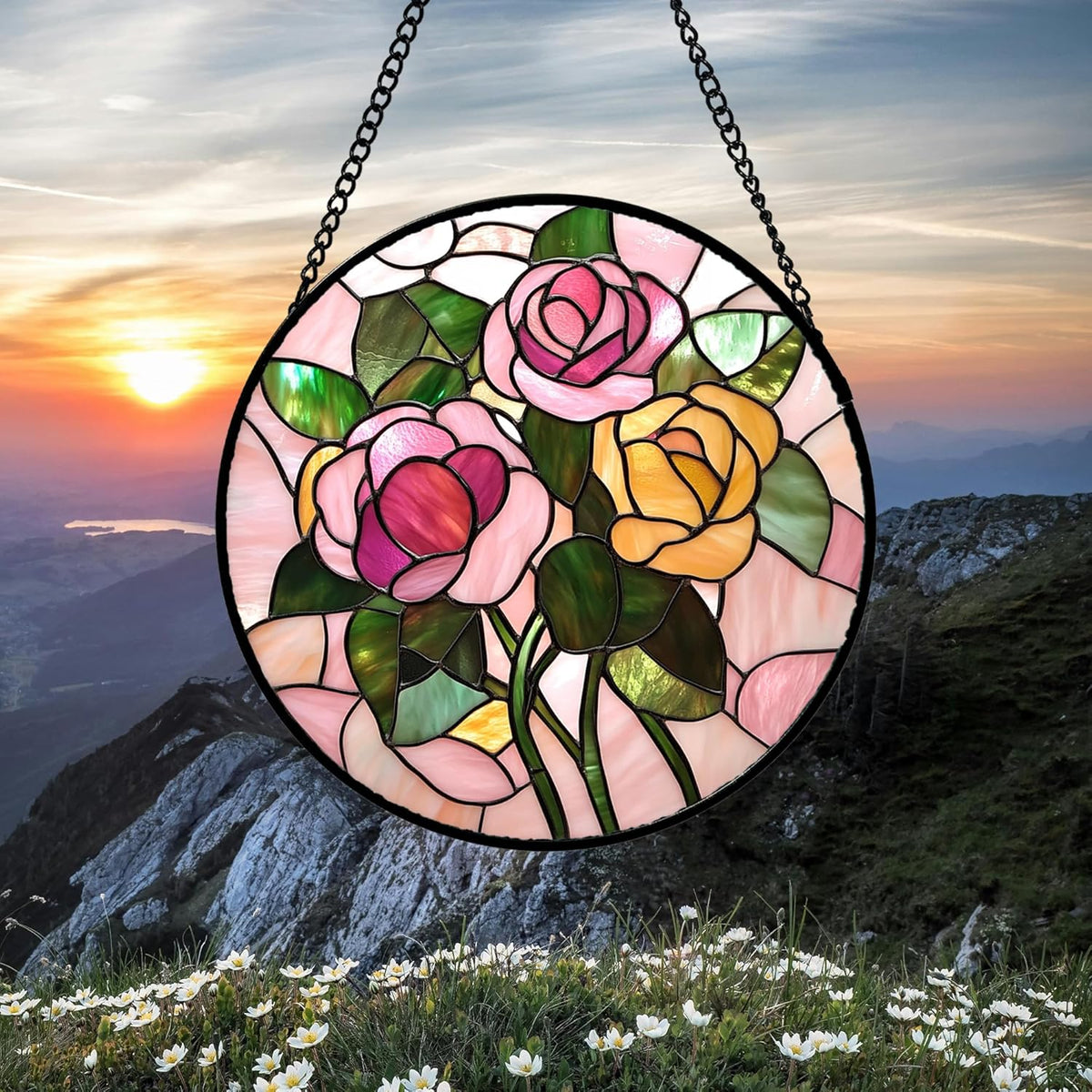 Stained Glass Window Hanging 4 Pcs Set Pink Floral Theme 6.3" - Flowers Suncatcher Door Garden Sun