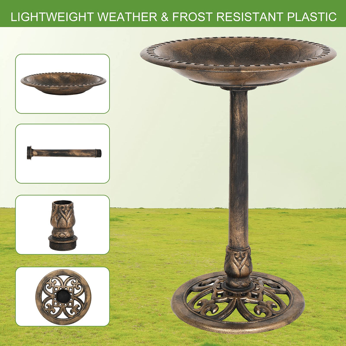 VINGLI Pedestal Bird Bath, Resin Birdbaths Weather Resistant, Bird Baths with Floral Accents &
