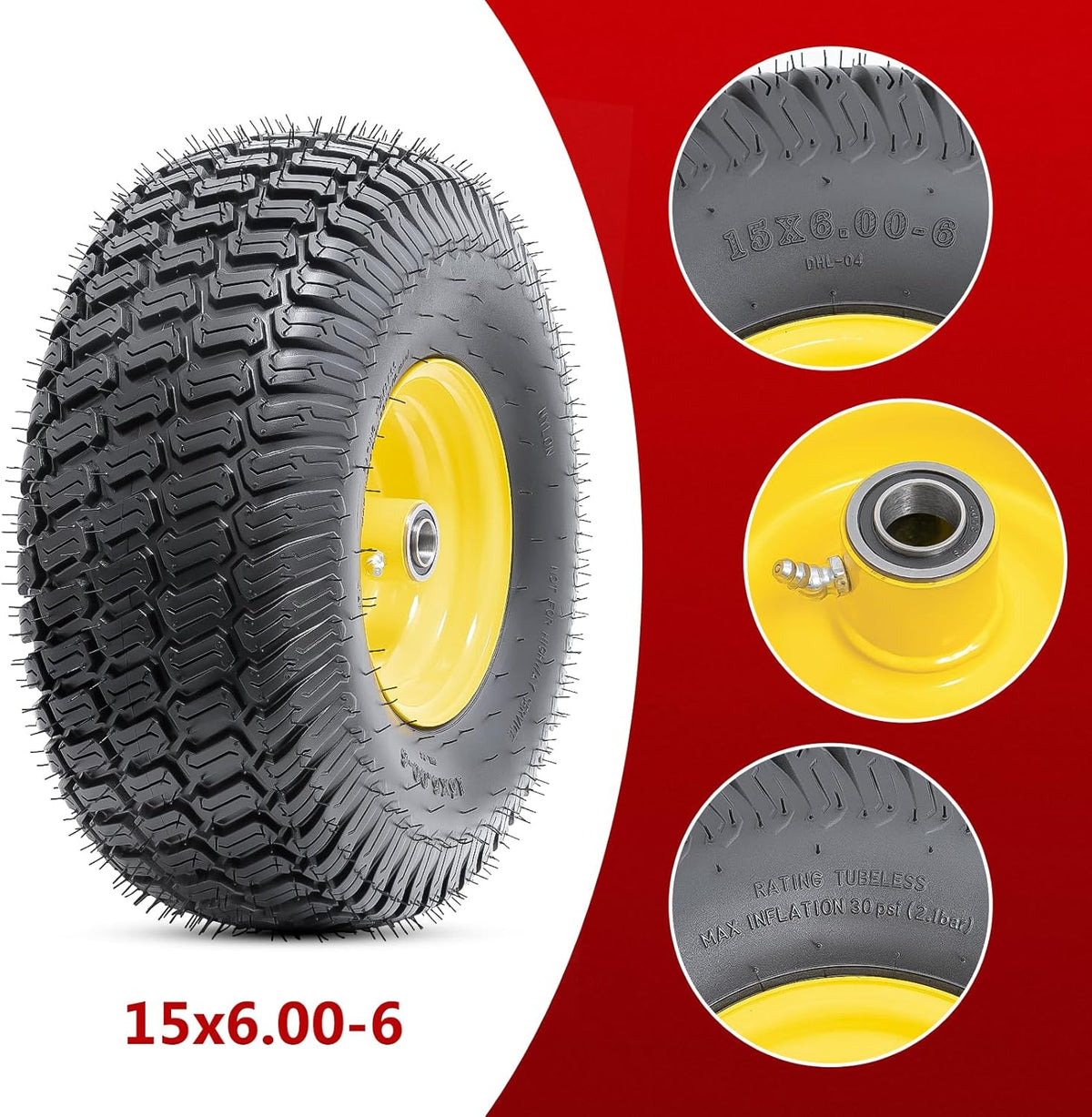 15x6.00-6(4PR) Tubeless Tire and Wheel, 15-Inch Replacement Pneumatic Tires and Wheel with 3/4"